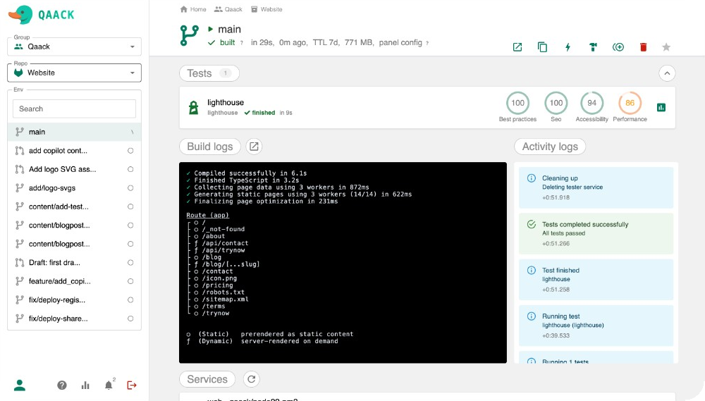 Qaack panel with a live preview environment